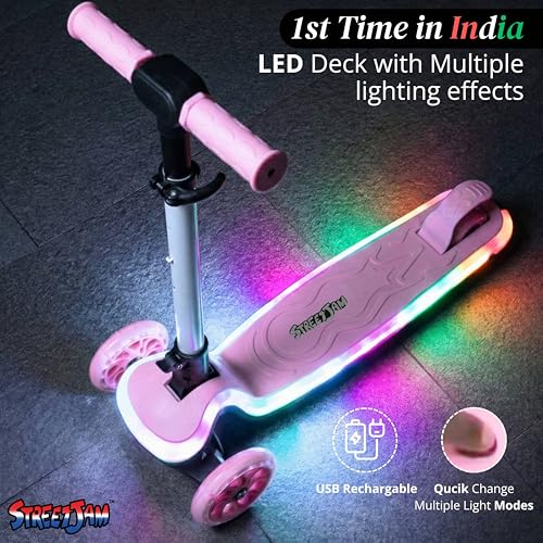 Image of STREETJAM Blinkie Kids LED Kick Scooter for 3-12 Years, LED Deck with Multiple Light Modes (1st Time in India), BIS Approved, Extra Wide Deck, Rechargeable, Up to 50 kg Load (Baby Pink with Grey)