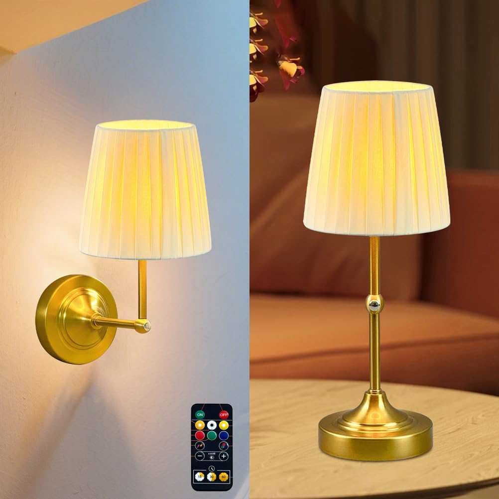 Lampada da Tavolo Senza Fili a LED Rimovibile con Paralume in Tessuto, Ricaricabile, Telecomando e Timer, 6 Colori dimmerabili, Stile Vintage, da Comodino, Senza Cavo, a Batteria.