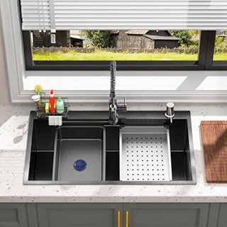 Stainless Steel Kitchen Sink with Faucet: 30-Inch Drop In Single Bowl Farmhouse Workstation Sink - Noise Reducing Design & Accessories Included (Black, 3018)