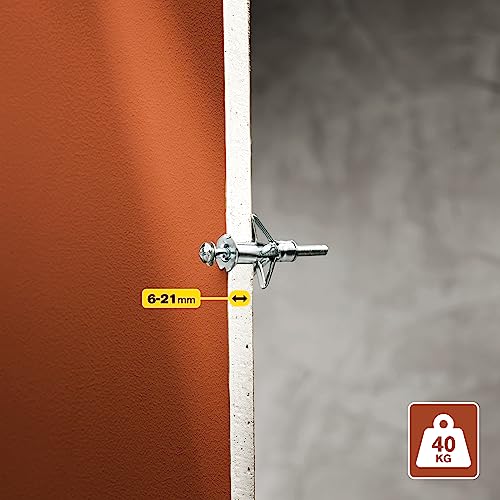 Rapid Hollow Wall Anchors, Pack of 10 Heavy Duty Metal Plasterboard Fixings for 6-21 mm Wall Thickness, 40 kg Load - Image 2
