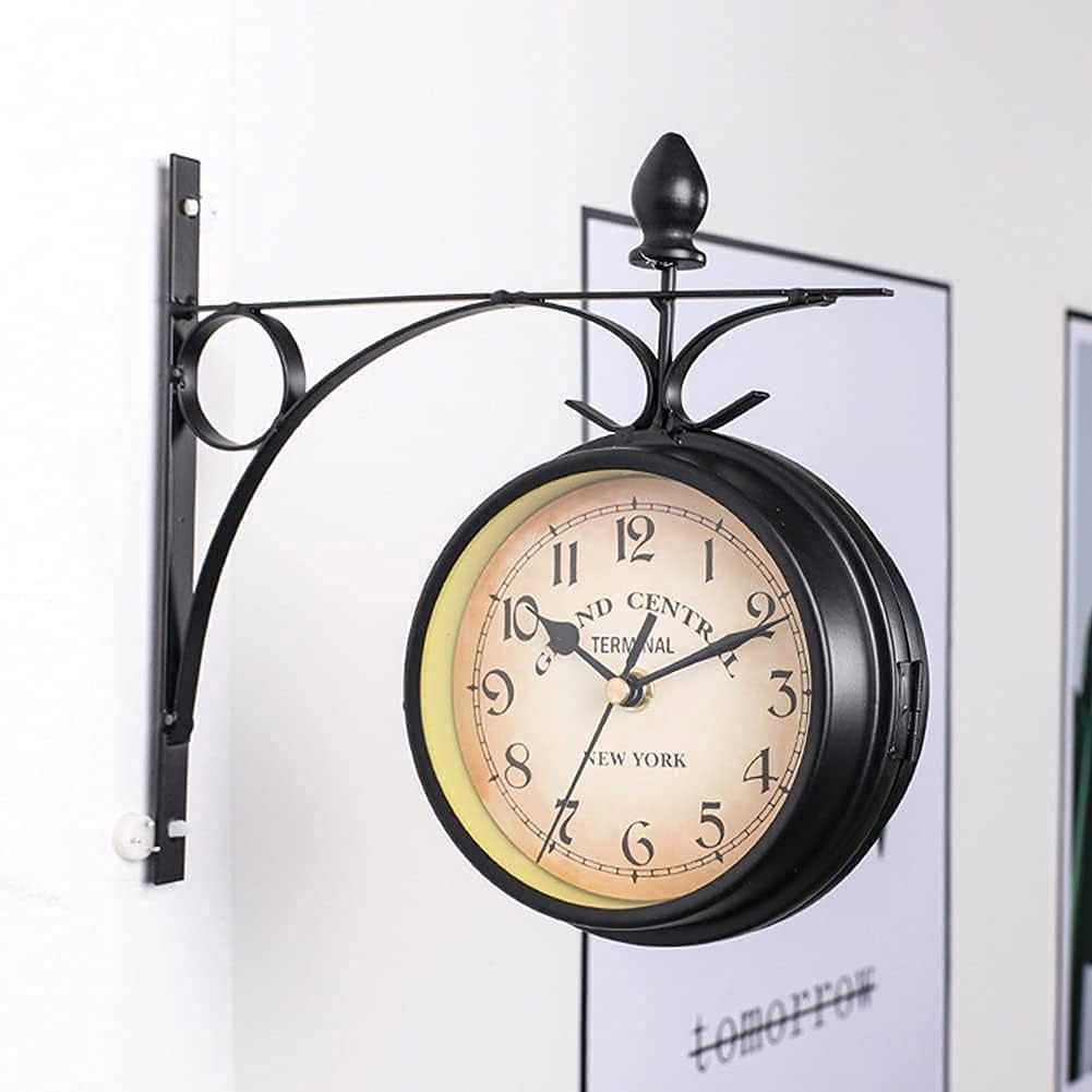 Wall Clock Art Clock Outdoor Waterproof Garden Clock, Wall Mounted Double Sided Garden Clock with Bracket 9 Inch European Retro Style Wrought Iron Wall Clock Wall Decor Clock