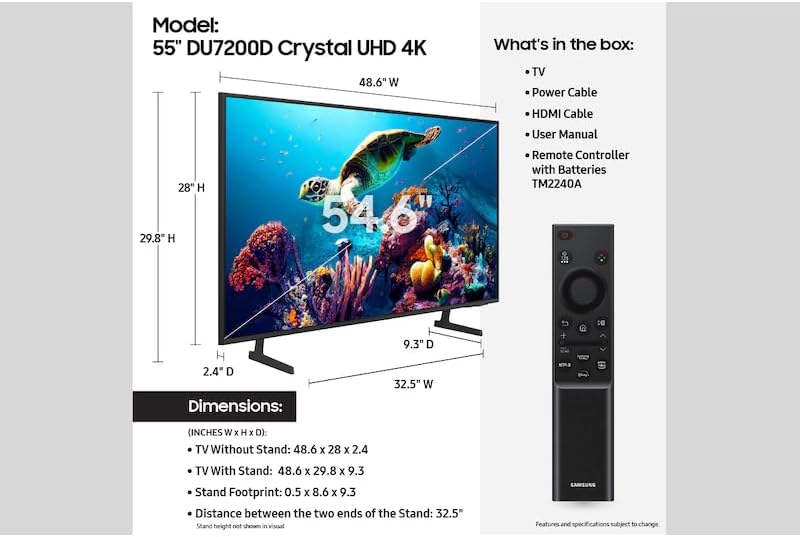 Diagram showing TV dimensions and included accessories.