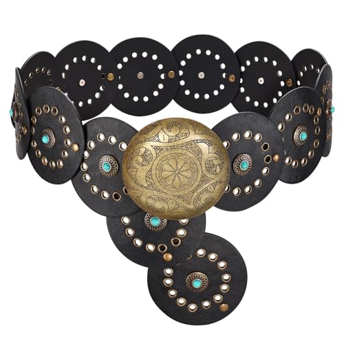 LEACOOKEY Women Wide Vintage Concho Leather Belt Western Disc Waist Belt Boho Disk Concho Style for Dress Jeans