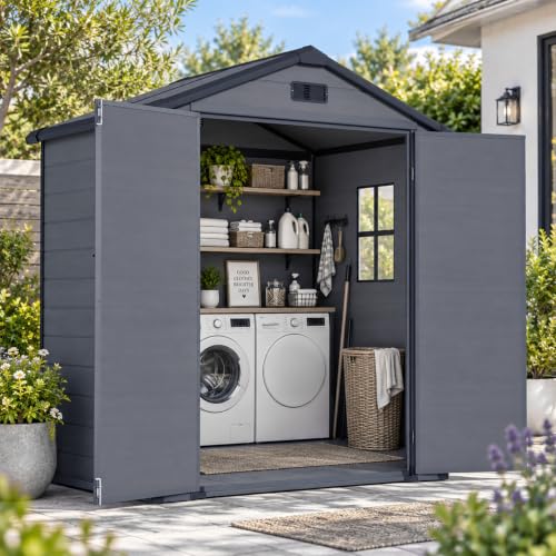 Image of Aoxun 6x4FT Plastic Shed with Floor Included, All-Weather Resin Garden Storage Shed, Sheds and Outdoor Storage & Lockable Doors & Slooping Roof & Vents, Zero Maintenance for Backyard Garden Bike-Black