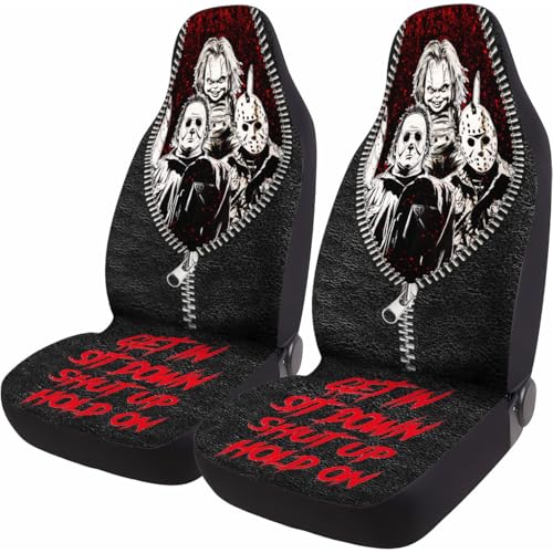 GENANY Horror Movie Car Seat Covers Set of 2 Scary Breathable Front Seat Covers for Truck Sedan SUV Halloween Car Accessories Horror Gift for Women Men