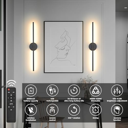 Image of Wall Sconces Battery Operated Set of 2, Black LED Wireless Wall Sconce with Remote Control 350 Rotating, 27.6 Inch Dimmable USB Rechargeable wall Lights for Living Room Bedroom Hallway