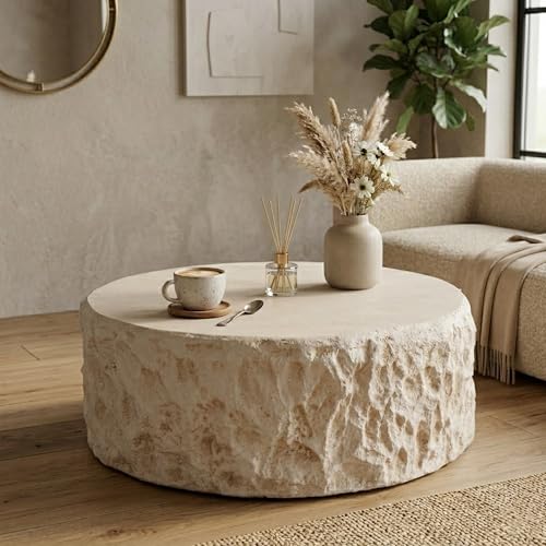 31.5 Round Faux Stone Coffee Table MgO Concrete Drum Center Table Modern Minimalist Beige Coffee Table for Living Room Apartment Office No Assembly Beige