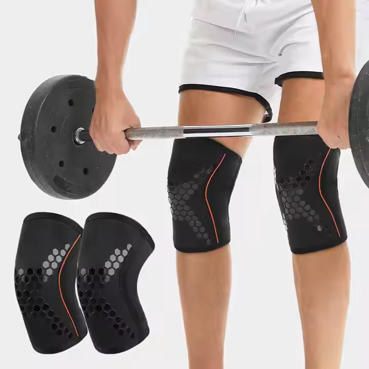 Image of Leosportz Knee Support for men Gym (1Pair) - 7mm Power Knee Support Gym Workout | Knee Sleeves for Running Jogging Gym Squats | Ideal for Squats, Powerlifting & Deadlift (Orange, M)