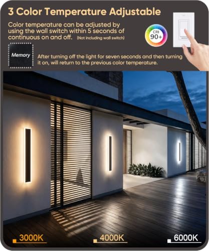 Image of Aipsun 2 Packs Outdoor Wall Sconce, 3000K 4000K 6000K,23.6in Modern Black Exterior Light 23.6in, Long LED Linear Wall Light Outside Lighting for Entrance, Hallway, Garage, Porch(3CCT)
