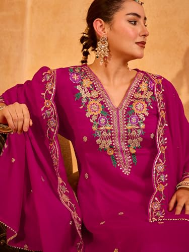 Image of Naixa Women's Vichitra Silk Embroidered Flared Kurta with Pant and Dupatta Sets (NX5-695)