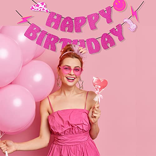 Hot Pink Happy Birthday Banner Preppy Smiley Face Leopard Party Favors For Kids Teens Girls Birthday Bachelorette Early 2000S Theme Party Y2K Party Hippie Party Decorations #TOP2