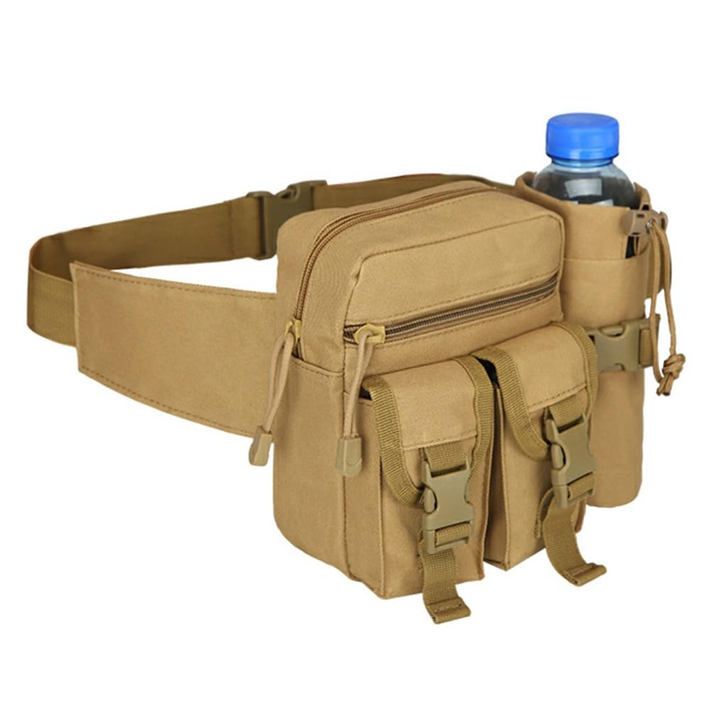 Hiking Waistpack,Waterproof Molle Hip Belt Bag w/Water Bottle Holder for Outdoor Cycling Hiking Climbing, Khaki
