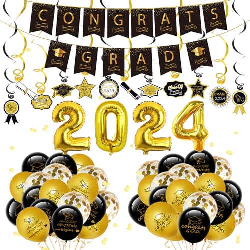 62 Piezas Decoración de raduación 2024 Suministros para Fiesta de Graduación Cartel de Felicitaciones Remolinos de Graduación Globos de Graduación Globos 2024 para Decoración de Fiesta de Graduación