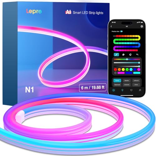 Lepro N1 AI Neon Tira LED 6m, Sync de Música y Control de Voz, IP65 Luces de Cuerda MagicColor, Funcion con Alexa y Google Home para DIY Dormitorio Fiesta, Diseñador de Iluminación AI Person