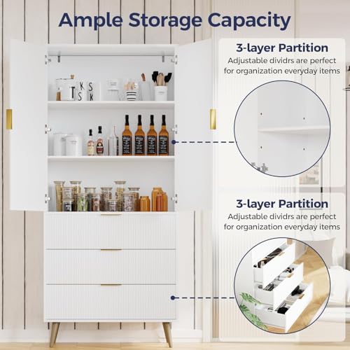 Image of Fluted Tall Cabinet, Kitchen Pantry Cabinet with Adjustable Shelves, Wood Cupboard with 3 Drawers 2 Doors, Mid Century Modern Cabinet for Living Room Dining Room Entryway Office, White