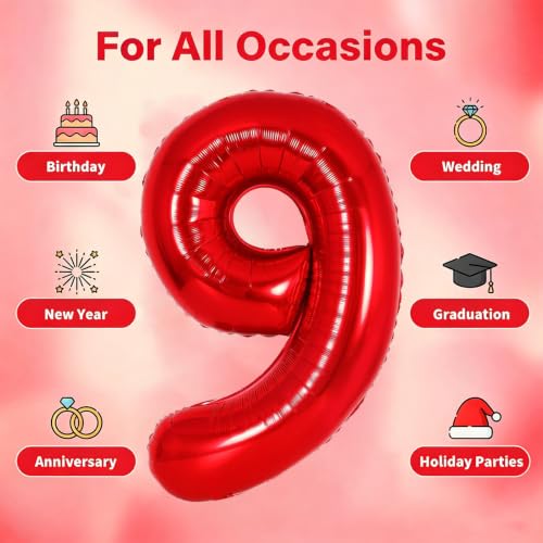 Image of Number Balloons Red Party Balloon - 40 Inch Large Number 9 Balloon, Numbers Balloon Birthday Decorations, Red Party Supplies for Anniversary