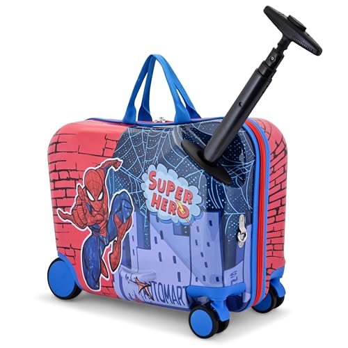 Fast Forward Marvel Spiderman Ride-On Kids Suitcase - 18" Tow-Along Toddler Luggage - Carry-On Cute Bag with Wheels 18"x10"x14.5"2