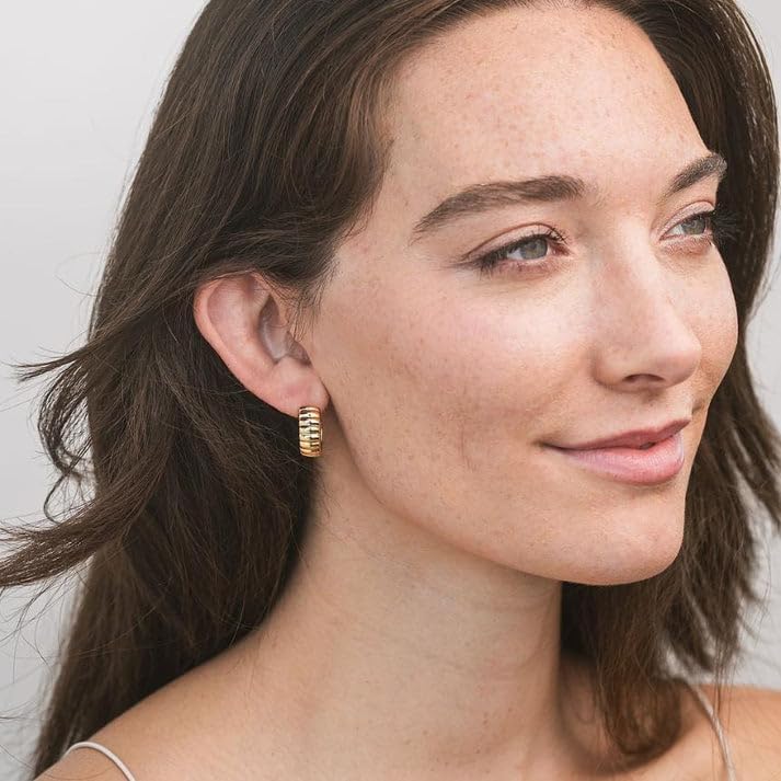 Ribbed Hoop Earrings – 18k Gold-Plated Textured Hoops, Lightweight Statement Jewelry for Women - Image 2