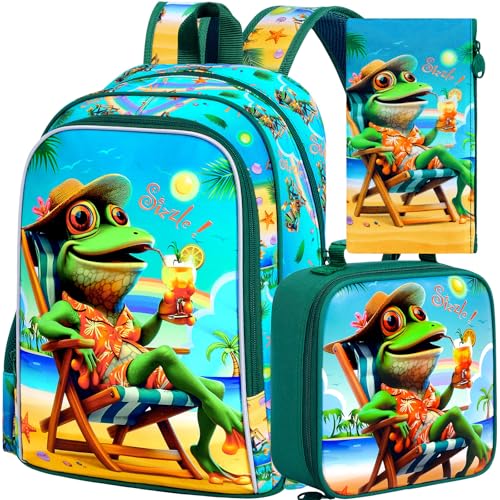 Image of 3Pcs Kids Backpack for Boys, 16 inch Frog Kindergarten Preschool Elementary Bookbag Set, School Backpacks with Lunch Box(Green)