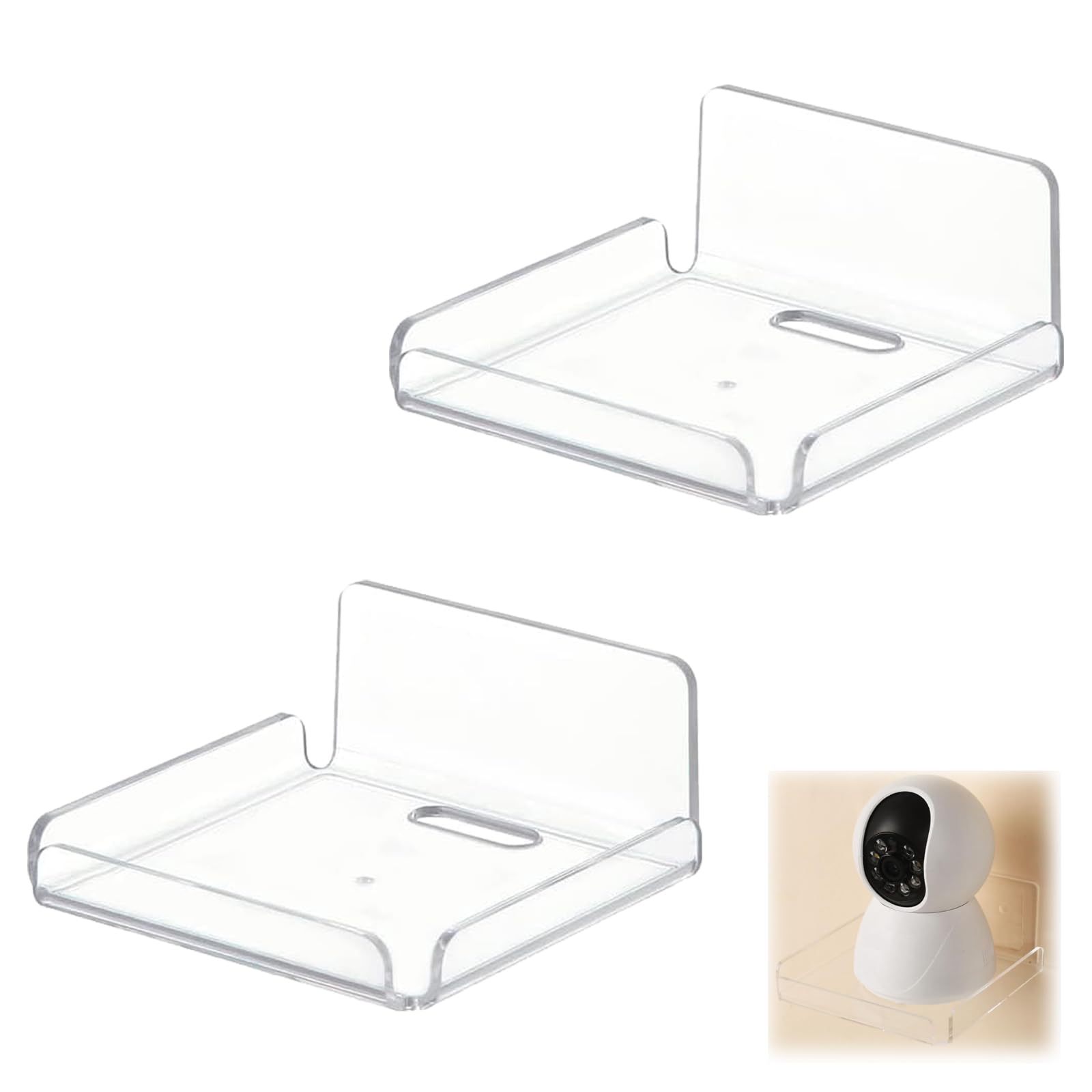 CUWERFO 2 PCS Transparent Adhesive Wall Shelves, Mini Wall Mounted Hanging Display Shelves, Self Adhesive Shelves, Transparent Acrylic Shelf, for Bathroom, Kitchen & Office Organization