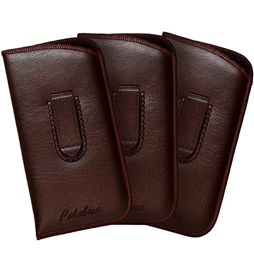 Image of Calabria Slim Eyeglass Case with Felt Lining -Brown (3 Pack) PU Leather | Soft Slip-In Glasses Sleeve | Pocket Clip Option | Protective Slim Eye Glasses Case Soft Pouch