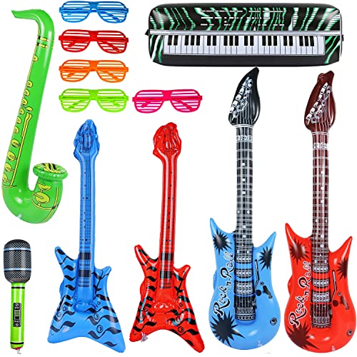 12 Piezas Juguete de Instrumentos Inflable de Gran tamaño,Incluye: 2x Guitarra Inflable(93cm),2x Bass Inflable(60cm),1x saxofón Inflable(70cm),1x micrófono Inflable (25cm),5x Gafas,1x Teclado Inflable