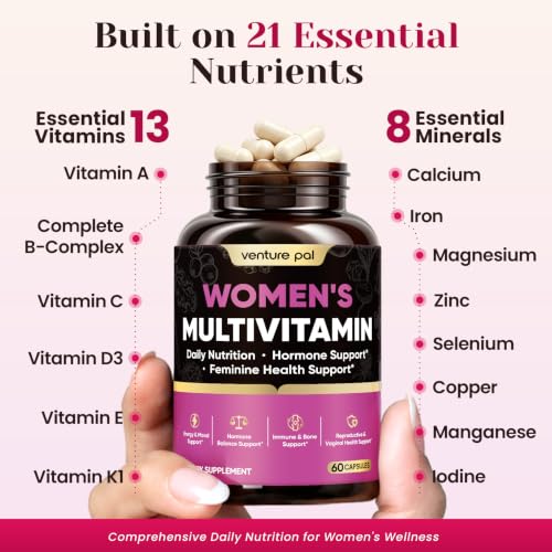 Venture Pal 21 Essential Multivitamin for Women, Energy, Immune, Hormonal Balance & Urinary Tract Support, with Vitamins A, C, D3, E, K2 & B Complex, Iron, Myo-Inositol & Botanical Blend, 60 Capsules - Image 4