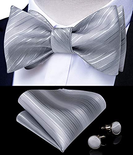 Image of DiBanGu Men Bow Tie Paisley Striped Self-Bow Tie for Men and Silk Woven Bowtie Pocket Square Cufflinks Wedding Party