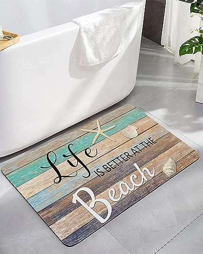 YESOF66 Diatomaceous Earth Bath Mat Bathtub Mat, Life is Better at The Beach Rustic Wooden Quick Dry Non-Slip Diatomite Mud Bathroom Floor Rugs for Bath Tub Kitchen Absorbent Pad, 16x24 Inch