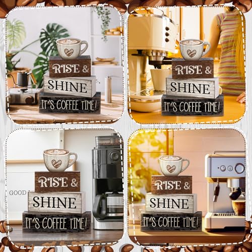 Image of Moucuny 4 Pcs Farmhouse Coffee Bar Sign Decor Wooden Cup Rise & Shine It's Coffee Time Rustic Wood Cafe Sign Gift for Home Kitchen Tabletop Decor
