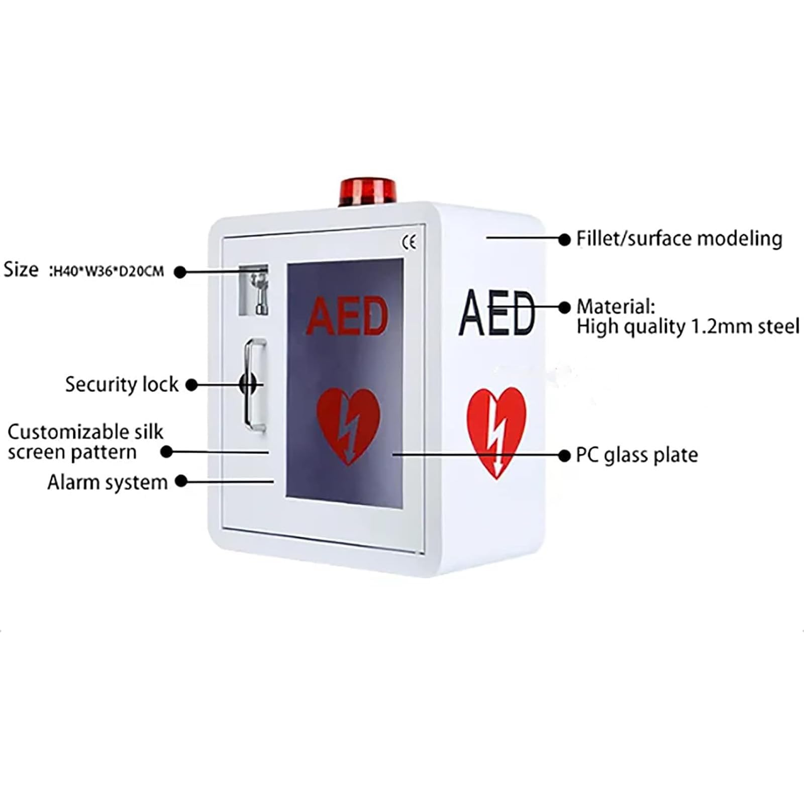 AED-Schrank, AED-Defibrillator-Aufbewahrungs-Wandschrank mit dreieckigem Schloss und 2 Schlüsseln, 1,2 mm Stahl und Alarmsystem, für Zuhause/Büro/Krankenhaus/öffentliche Orte