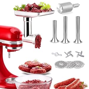 Stainless Steel Food Grinder Accessories for KitchenAid Mixers, Dishwasher Safe, Included 3 Sausage Stuffer Tubes and 1 Metal Attachment Knob Screw Replacement Stainless Steel Food Grinder Accessories for KitchenAid Mixers Dishwasher Safe Included 3 Sausage Stuffer Tubes and 1 Metal Attachment Knob Screw Replacement