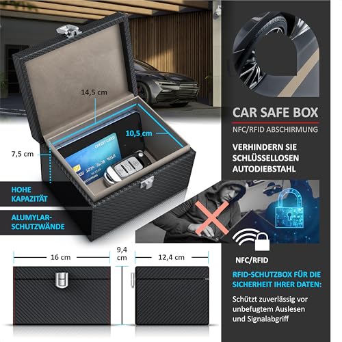 CSL - Keyless Go Schutz Box - NFC RFID Faraday Box, Abschirmung Blocking Autoschlüssel, inkl. 2X Schlüsselstaschen Hüllen - Safe Box gegen Cyber Kriminalität und Hackerangriffen