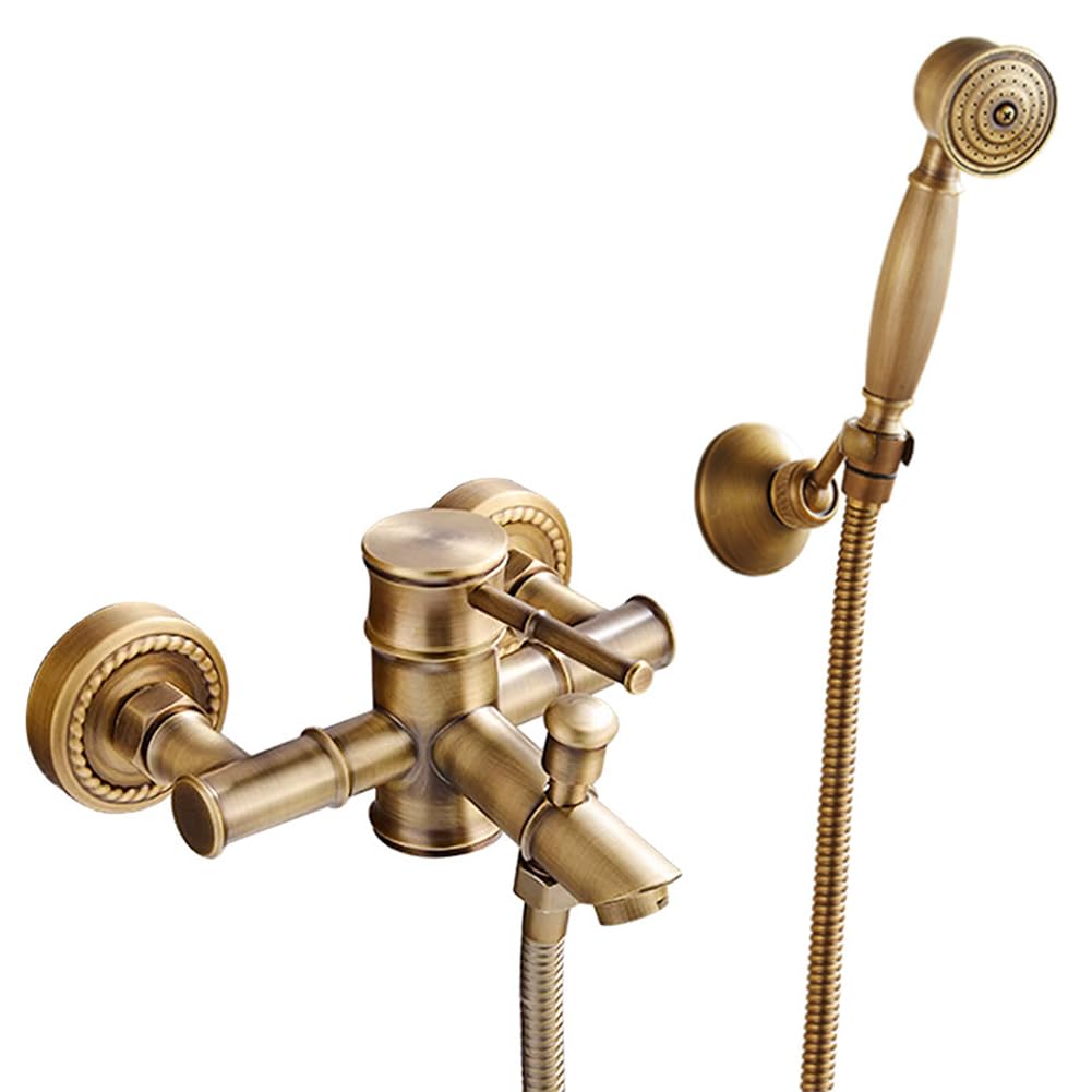 Mitigeur de douche mural en laiton vintage avec douchette à main et tuyau flexible 1,5m antique