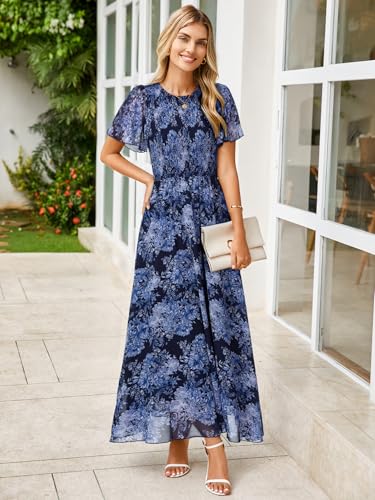 Image of Simplee Womens Casual Floral Summer Maxi Dress 2026 Boho Flowy Short Sleeve Crew Neck Vacation Smocked Chiffon Dresses
