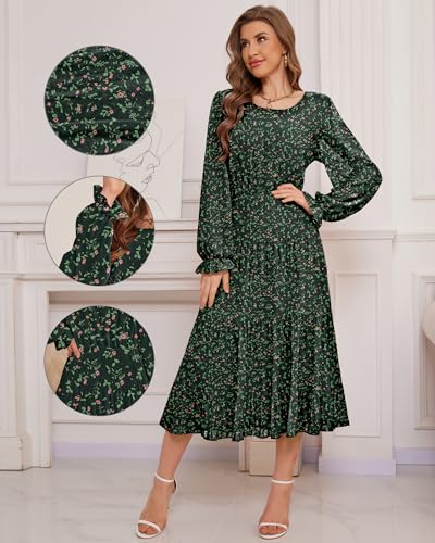 Image of CYiNu Women's Midi Dresses Long Sleeve Crew Neck Flowy Casual Floral Boho Tiered Chiffon Smocked Elegant Dress