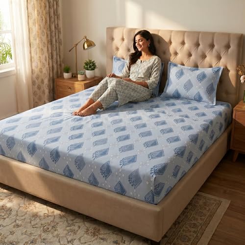 Image of Mafatlal 186 TC Grace Pure Cotton Double Size Bedsheet | 90 x 100 Inch | Soft Breathable Cotton Bed Sheet Set with 2 Pillow Covers | Turquoise Blue