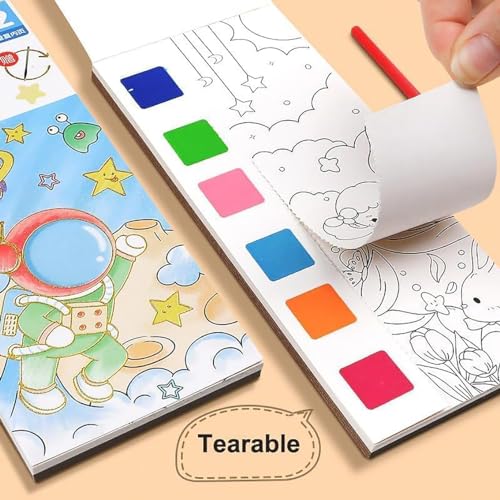 Image of GLUN Pack of 4, Watercolour Painting Notepad for Kids 12 Different Pages Each Book, Water Painting Book with Water Colour with Painting Brush, Different Theme