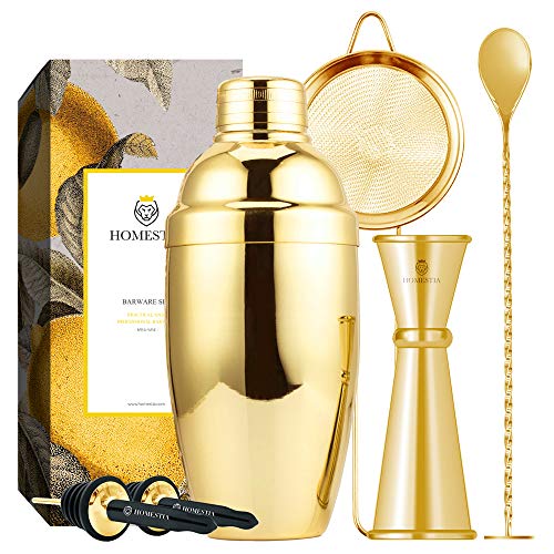 Homestia Gold Cocktail Shaker Set Bartender Kit Stainless Steel 20oz Martini Shaker, Muddle Spoon, Double Jigger, Fine Strainer, 2 Liquor Pour Spout Barware Gift Set