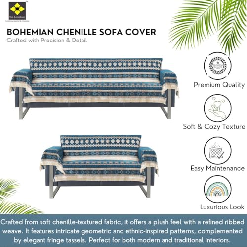 Image of Elegant Woven Turquoise Sofa Cover Soft Chenille Traditional Pattern with Lace Style | L-Shape Sectional Seat Protector for Living Room Durable & Stylish Slipcover 3+2 Seater with Arms