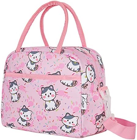 Kasgo Lunch Bag for Girls, Insulated Toddler Lunch Box Bag Kids Durable Thermal Lunch Tote Children Small Cooler Bag with Front Pockets, Pink Kitten