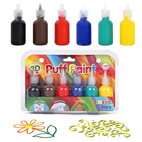 Playkidiz 3-D Art Puff Paint Classic Colors For Kids, 6 Pack Color Pack Squeeze Paint, Non Toxic Puff Paint Set, Washable Fabric Paint, Ages 3+. (6 Pack)