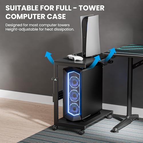 Image of EUREKA ERGONOMIC PC Stand Computer Cart, Height Adjustable Tower Stand 2-Tier Suit for ATX Case Printer, Metal Rolling Cart on Wheels for Gaming Home Office, Carbon Fiber