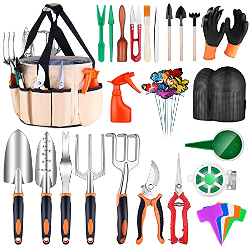 Garden Tools Set, 52Pcs Gardening Succulent Tools Kit Heavy Duty Aluminum Gardening Hand Tools Garden Tool Includes Knee Pads Water Bag Garden Shovel Gloves Gardening Supplies Gifts for Women Men
