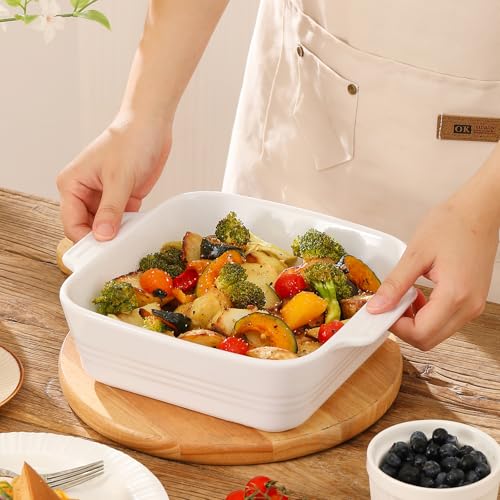 Image of DOWAN 8x8 Baking dish, Square Baking Pan, Ceramic Casserole Dishes for Oven, Cake Pan with Handle, for Brownie, Lasagna, Casserole, 2 Quart, Home Gift, Bright White