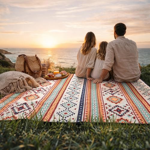 Siegvoll Picknickdecke 200x200cm XXL, wasserdichte sandfreie Stranddecke, 3-lagig gepolsterte isolierte Campingdecke, Strandmatte für Outdoor, Boho-Stil, waschbar faltbar