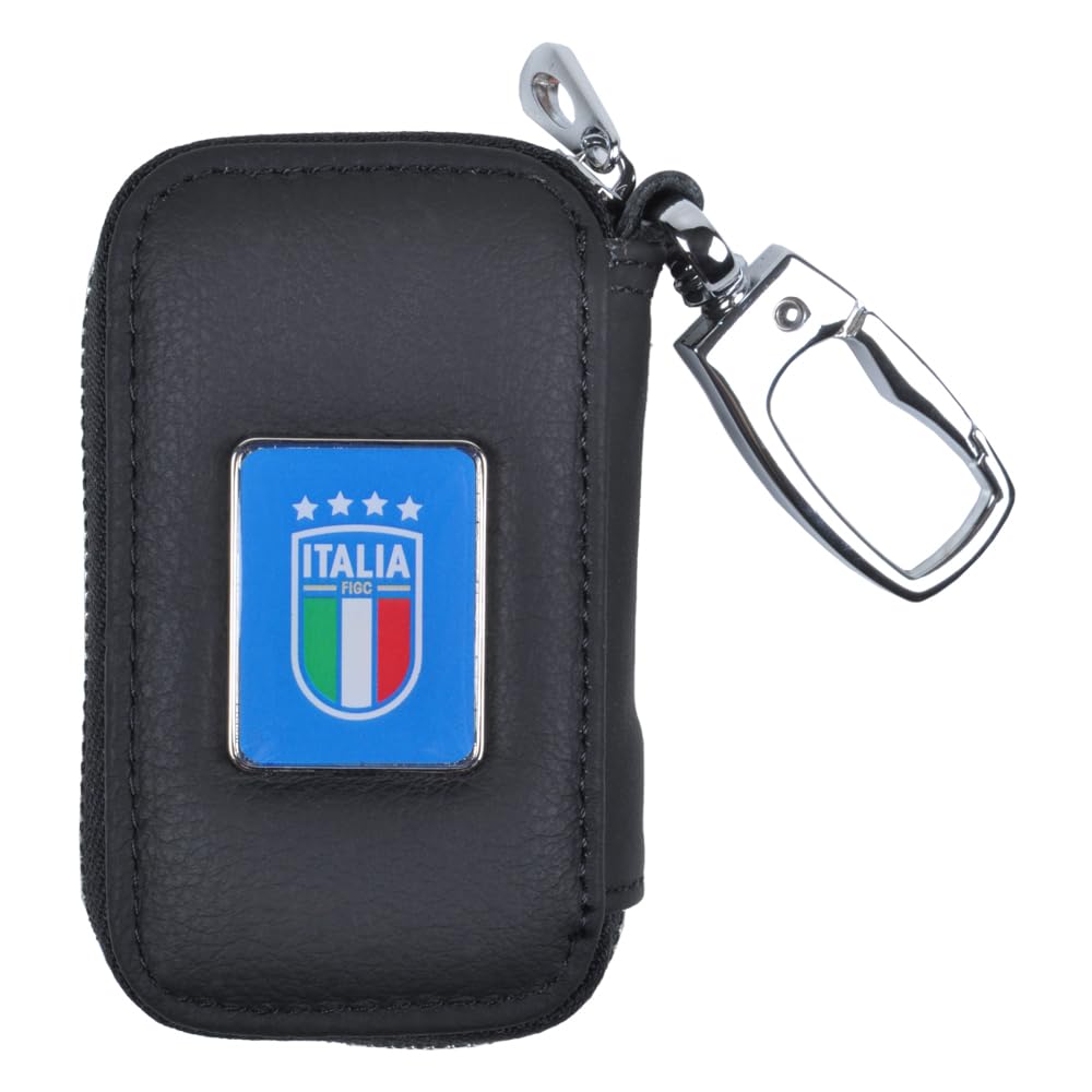 FIGC 251839 ITALIA Leather Keyring with Zip, Internal Rings and Plate Applied with Italian Football Team Logo, Black, Taglia unica