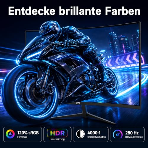 ZZA 27 Zoll Curved Gaming Monitor, 280Hz FHD PC-Monitor, 1800R 120% sRGB – Ansicht 2