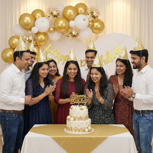Image of Party Propz Golden and White Happy Birthday Decoration Kit - 57 Pcs, Golden Balloons for Birthday with Birthday Cap and Banner, Bday Decor for Boys & Girls, Bday Decor for Husband (Cardstock)
