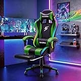 Yardlift Gaming Chair with RGB LED Lights, Footrest, Lumbar Support & Headrest - High Back Reclining Swivel Computer Chair with Canopy (Green)